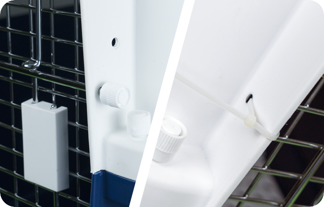 A side-by-side view of pet carrier door fasteners, showing both screw knobs and a zip tie securing the door.