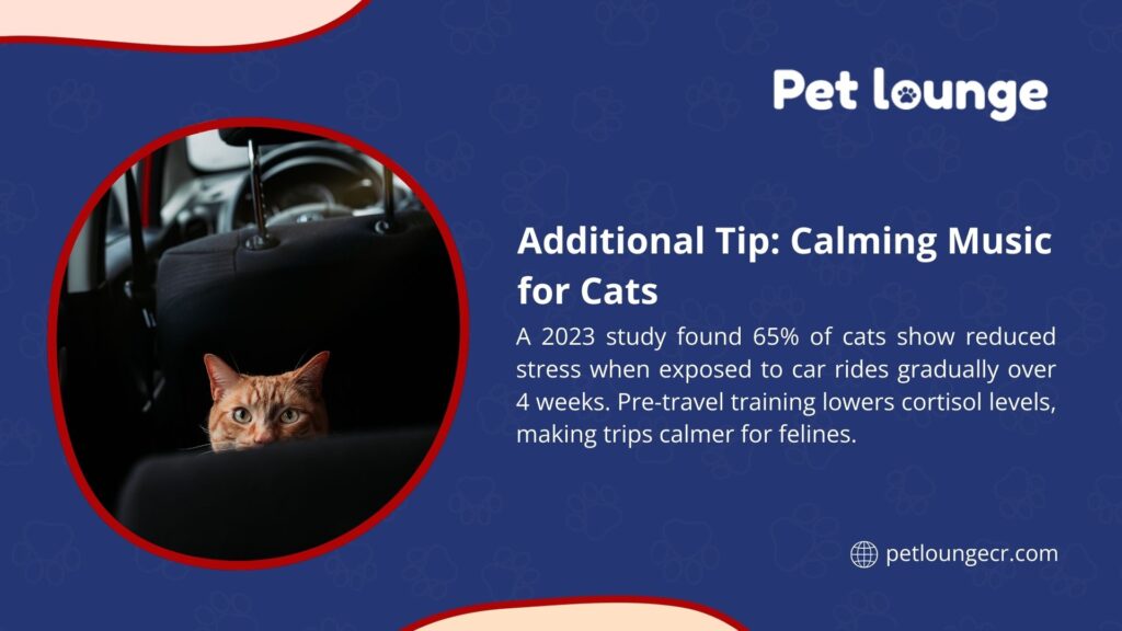  Orange cat in car seat, with text about a 2023 study showing 65% of cats have reduced stress from gradual car rides over 4 weeks, lowering cortisol for calmer trips.