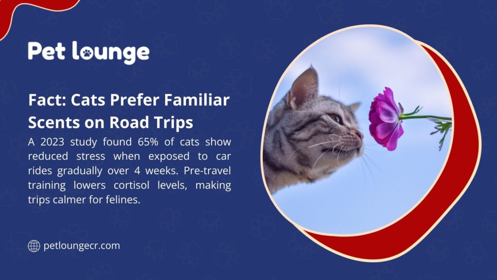 Cat sniffing a pink flower, with text about a 2023 study showing 65% of cats have reduced stress from gradual car rides over 4 weeks, lowering cortisol for calmer trips.