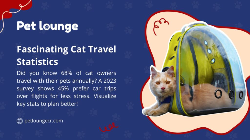  A cat in a yellow travel carrier, with text highlighting 68% of cat owners travel annually and 45% prefer car trips, from Pet Lounge.