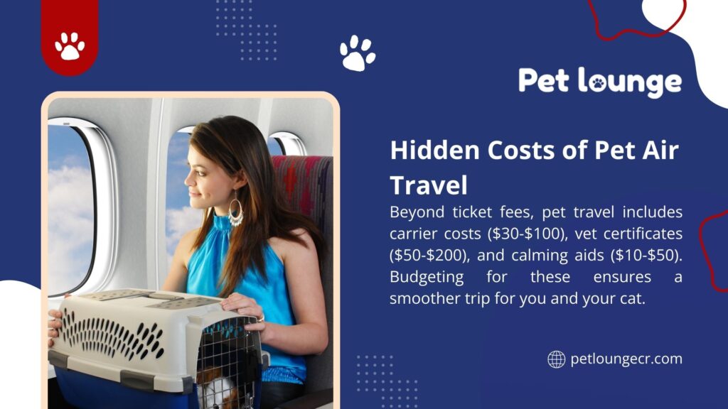 Woman on airplane holding pet carrier with cat, highlighting hidden costs of pet air travel including carrier ($30-$100), vet certificates ($50-$200), and calming aids ($10-$50).