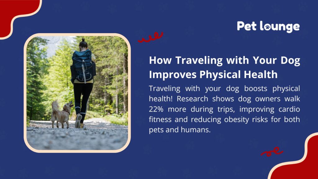 A person with a backpack hikes with a dog on a scenic forest trail, emphasizing how traveling with pets boosts physical health, with research showing dog owners walk 22% more during trips, improving cardio fitness and reducing obesity risks for both pets and humans.