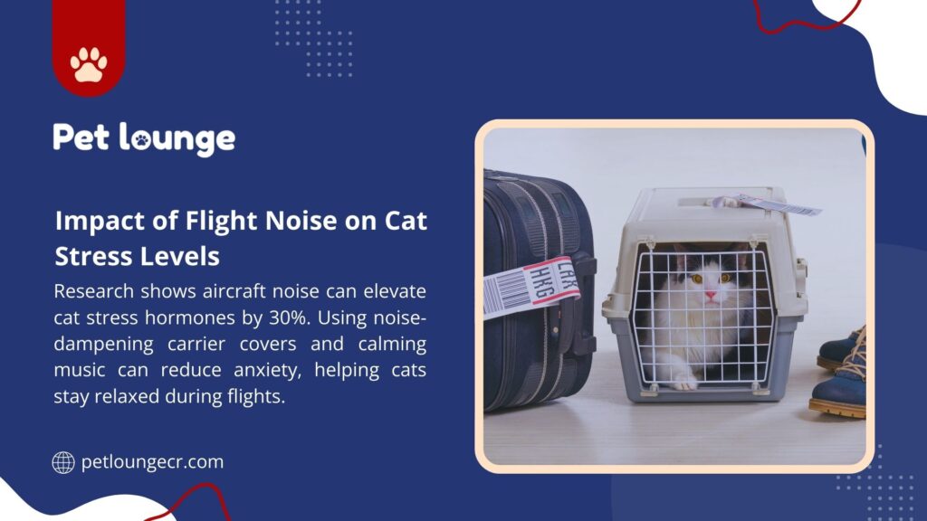 A cat in a carrier next to a suitcase, with text from Pet Lounge noting flight noise raises cat stress by 30%, eased by noise-dampening covers and music.