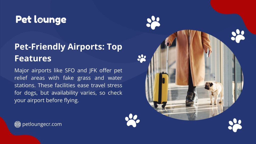 A person with a yellow suitcase and a pug walks in an airport, with text highlighting pet-friendly features like relief areas with fake grass at SFO and JFK to ease dog travel stress, advising to check airport availability. - how much does it cost to fly a dog