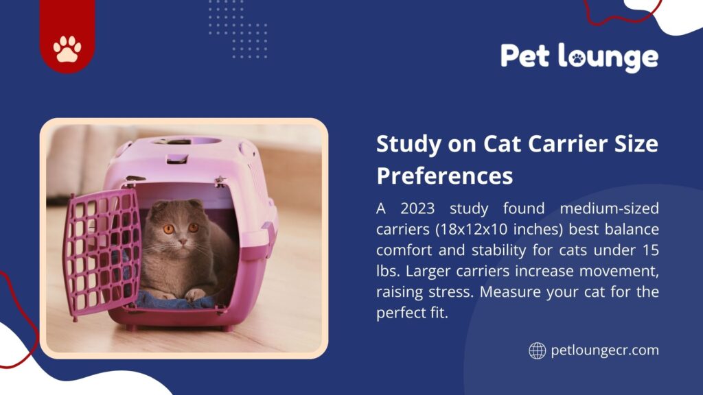 A cat in a pink carrier, with text from Pet Lounge stating a 2023 study finds 18x12x10-inch carriers best for cats under 15 lbs, reducing stress.
