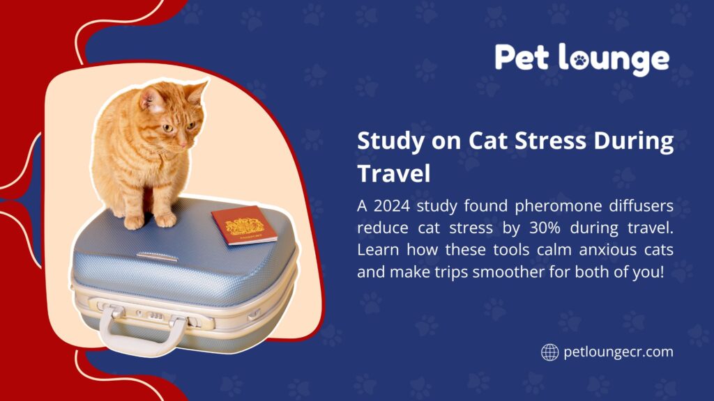 A cat on a suitcase with a passport, promoting a 2024 study from Pet Lounge showing pheromone diffusers reduce cat stress by 30% during travel.