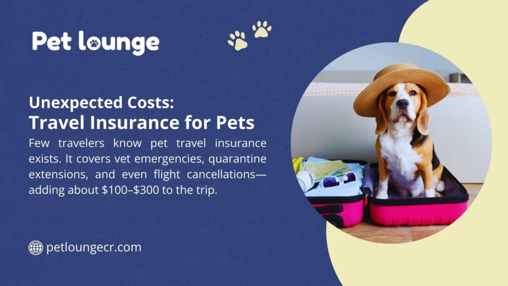  Image of a beagle in a hat on a suitcase from Pet Lounge, highlighting pet travel insurance covering vet emergencies, quarantine, and flight cancellations, adding $100-$300 to trips.