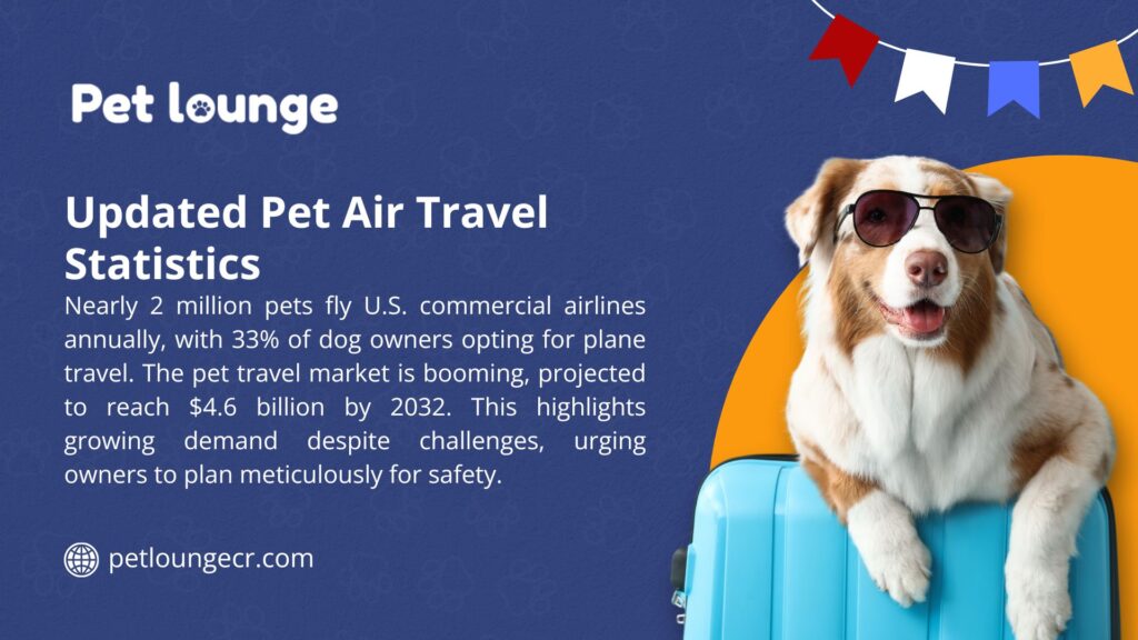 Perro con gafas de sol sobre una maleta azul, destacando estadísticas de viajes aéreos con mascotas.